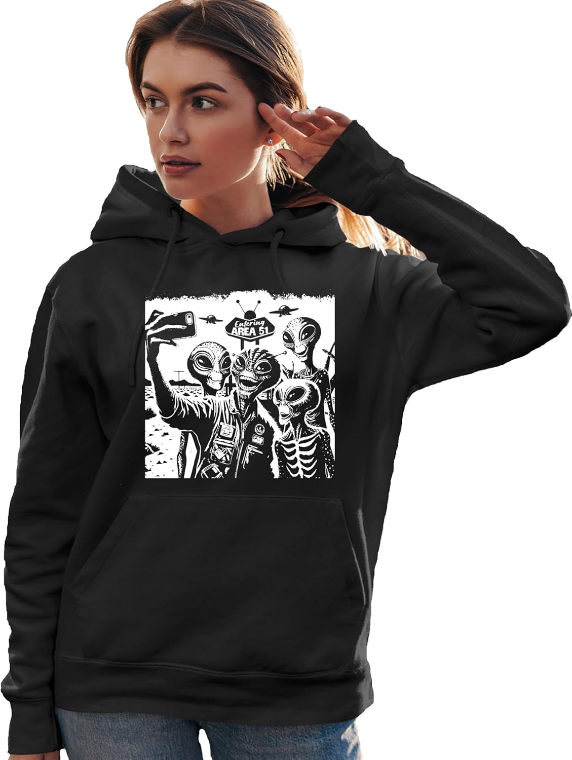 Go All Out Aliens Taking Selfie At Area 51 UFO Funny Ironic Gift Mens Women Sweatshirt Hoodie