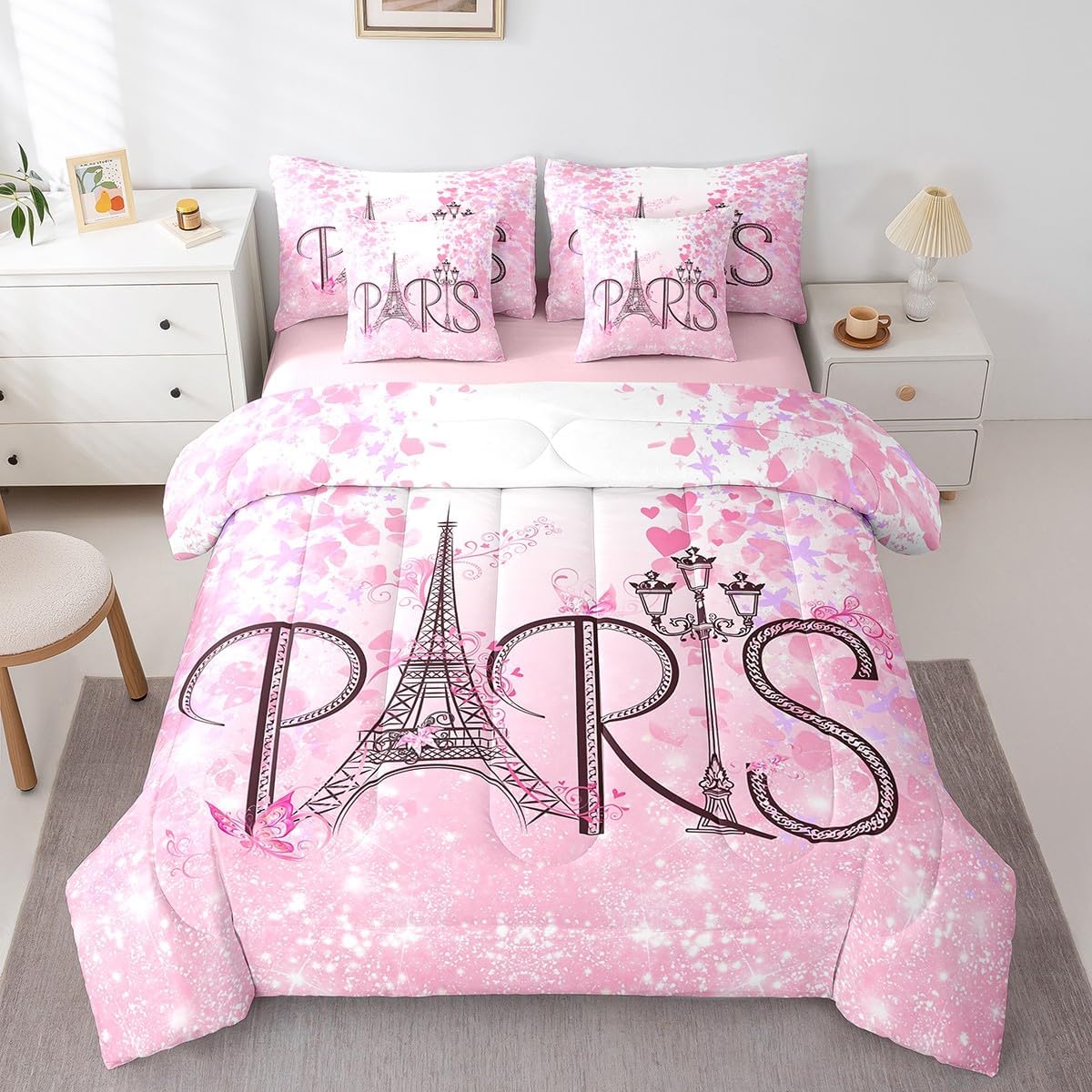 Feelyou Eiffel Tower Comforter Set Queen Size 7 Pieces Romantic Paris Bedding Set Pink Butterfly Modern French Botanical Floral Print Bed in a Bag with Comforter, Sheets, Pillowcases & Cushion Cover