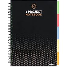 A4 Project Notebook - 5 Dividers - 200 Pages 100 sheets - 100gsm White Ruled Paper - Thick Matte Laminated Cover. Black