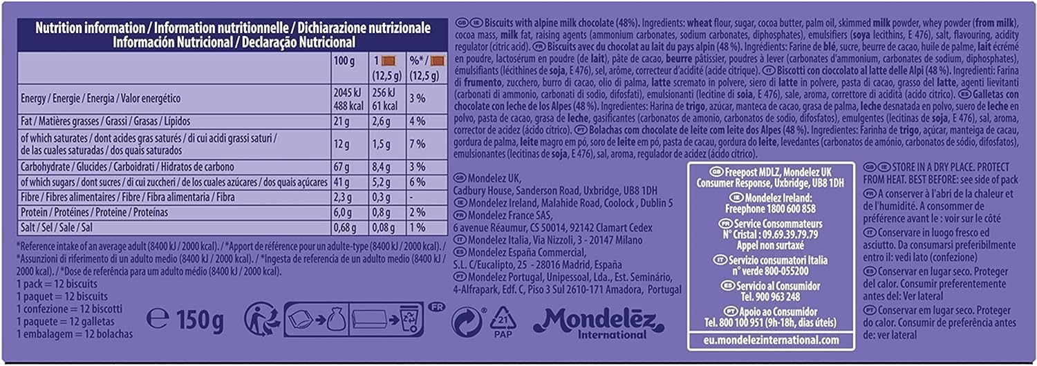 Milka Choco Biscuits Galletas con Chocolate con Leche, Pack 14 x 150g