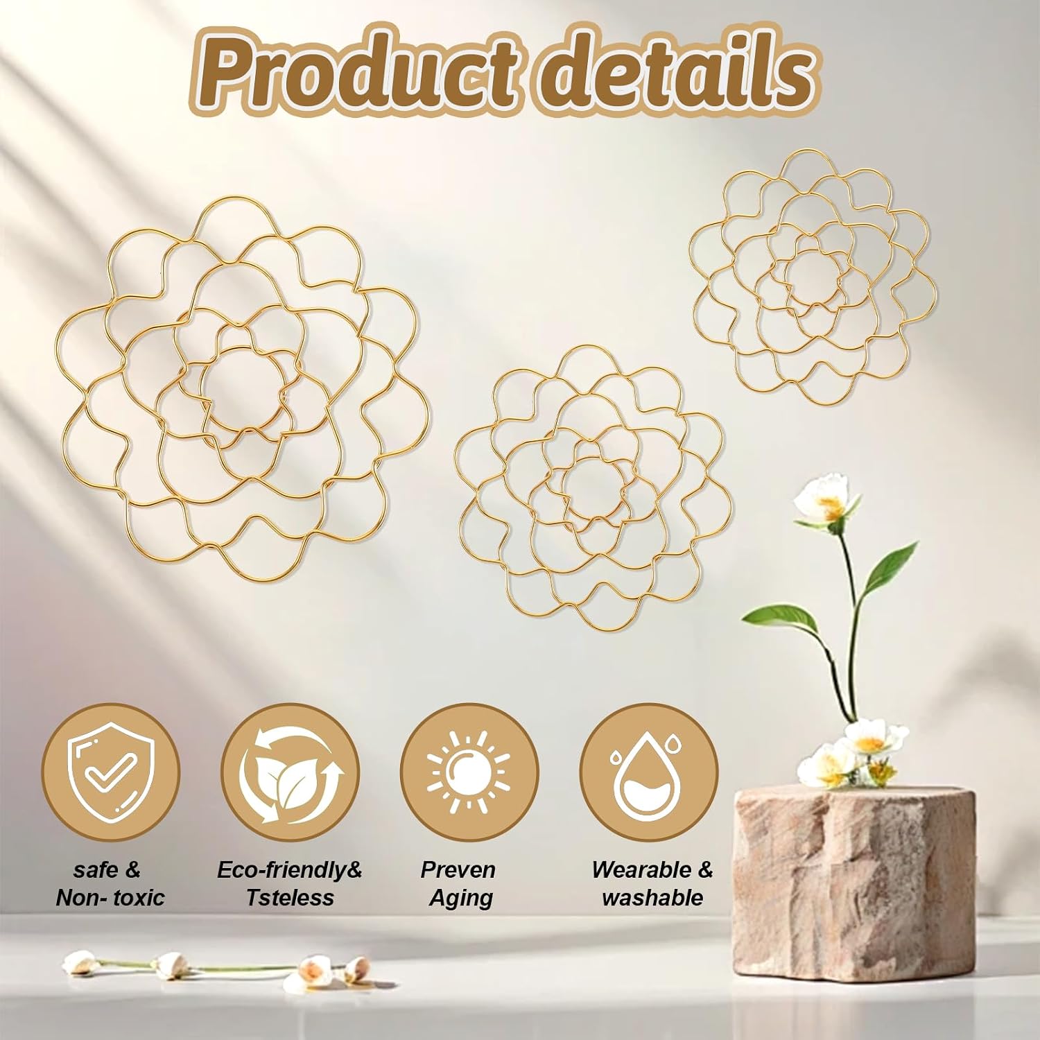 Classicseali 3pcs Flower Grid for Vase,4/5/6 in Floral Grid for Vase Bendable,Symmetrical Design,Smooth Lines Metal Wire Stem Holders for Flowers for Vasee Stems Bouquet Plant Fixation, Gold