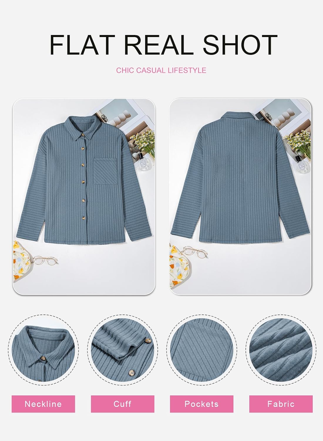 SHEWIN Womens Ribbed Knit Shacket Jacket Casual Long Sleeve Button Down Shirts Loose Sweater Tops Dressy Blouses with Pocket - Image 8