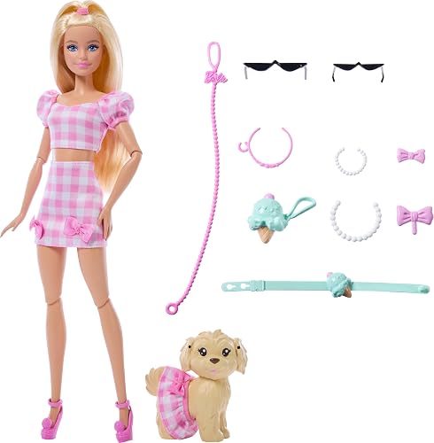 Barbie Twinning Looks Doll with Pet Dog in Matching Pink Gingham Clothes and Accessories for Both like Sunglasses, Necklaces and Bows, Blonde, JFP36