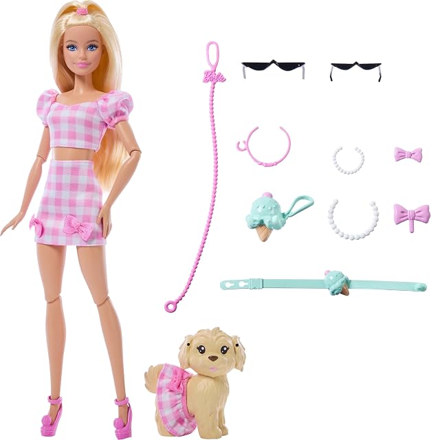 Barbie Twinning Looks Muñeca con perrito y ropa vichy rosa a juego