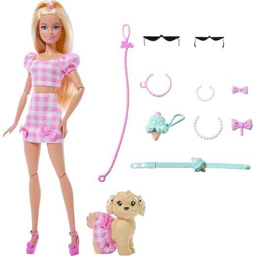Barbie Twinning Looks Muñeca con perro mascota con ropa de vichy rosa a juego y accesorios como gafas de sol, collares y lazos, rubia, JFP36