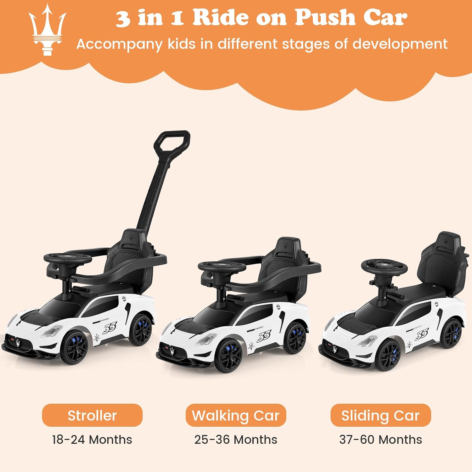INFANS 3 in 1 Push Car for Toddlers, Licensed Maserati Baby Stroller Sliding Walking Car with Push Handle, Horn, Music, Underneath Storage, Foot-to-Floor Ride on Toys for Boys Girls (White)