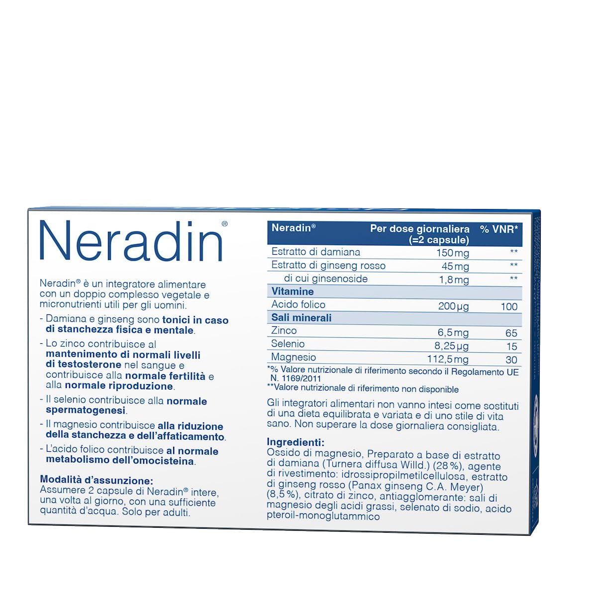 Neradin® [112]: Complesso di micronutrienti specifico per l’uomo – con damiana, estratto di ginseng rosso e un utile complesso nutrizionale 4-in-1 a base di zinco, selenio, magnesio e acido folico