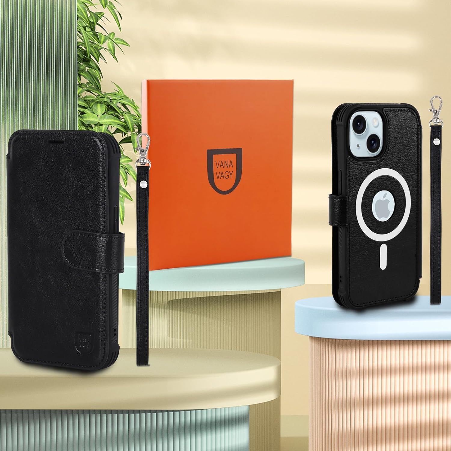 VANAVAGY Compatible for iPhone 15 Plus/14 Plus Wallet Case for Magsafe Wireless Charging, PU Leather Flip Case [Screen Protector & Camera Cover] with Strap RFID Blocking Card Holder,Black