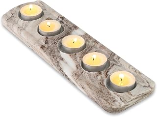 Koville Marble Tealight Candle Holder,5 Holes Natural Candle Stand for Home Decor-Decorative Candle Holders for Wedding Anniversary Party,Centerpiece Table Decoration (Brown)