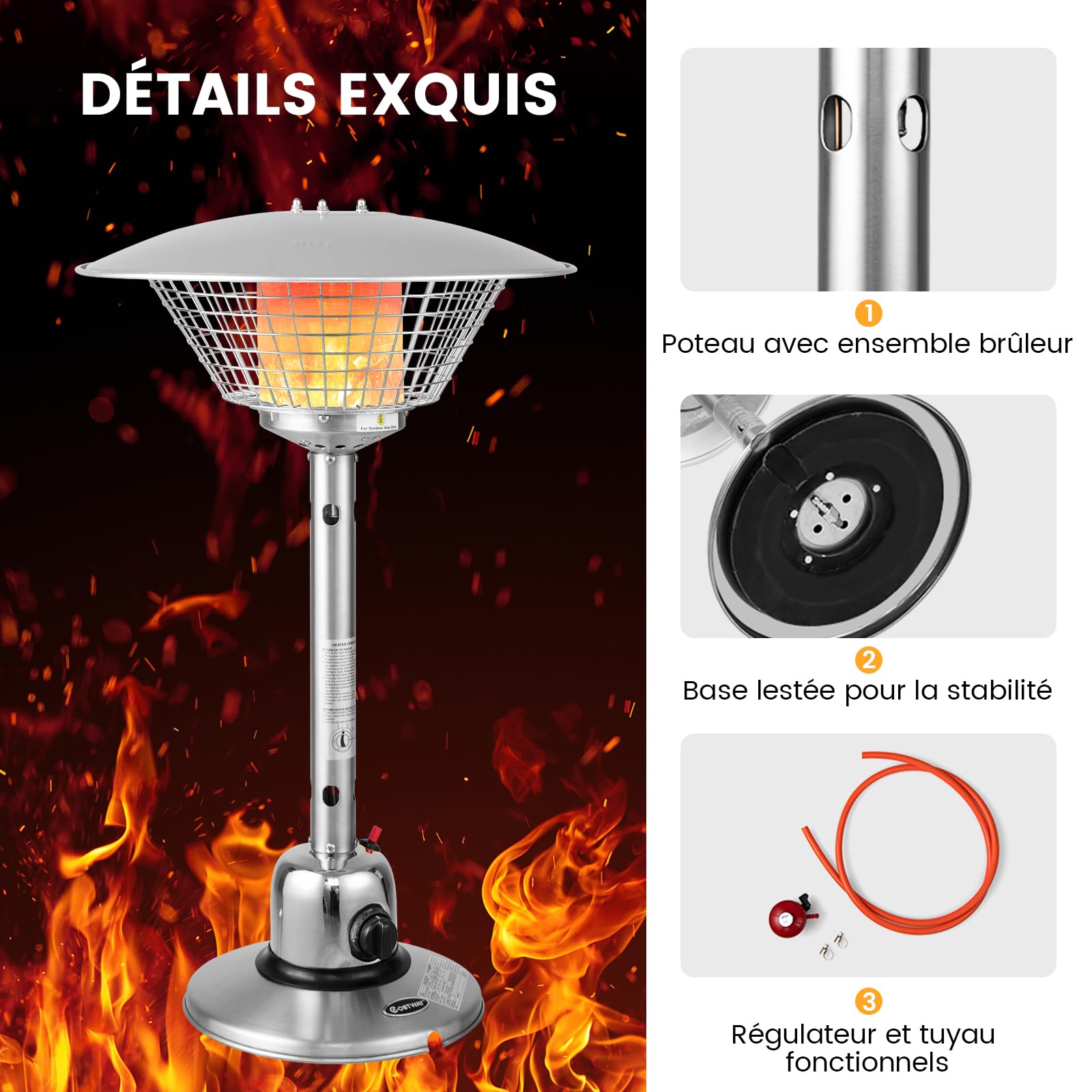 COSTWAY Cheminée de Table au Gaz Propane de 4 KW, Chauffage Extérieur avec Régulateurs de Pression/Conduites de Gaz Protection Contre Basculement et Surchauffe avec 2 Réglages de Chaleur (Argent)