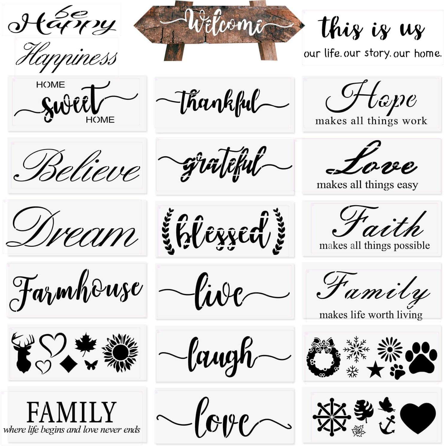 22 PCS Stencils for Painting on Wood Reusable, Welcome DIY Plastic Art Cursive Letter Stencil Templates Set for Decor Home Wall Door Porch Signs (14 inch)