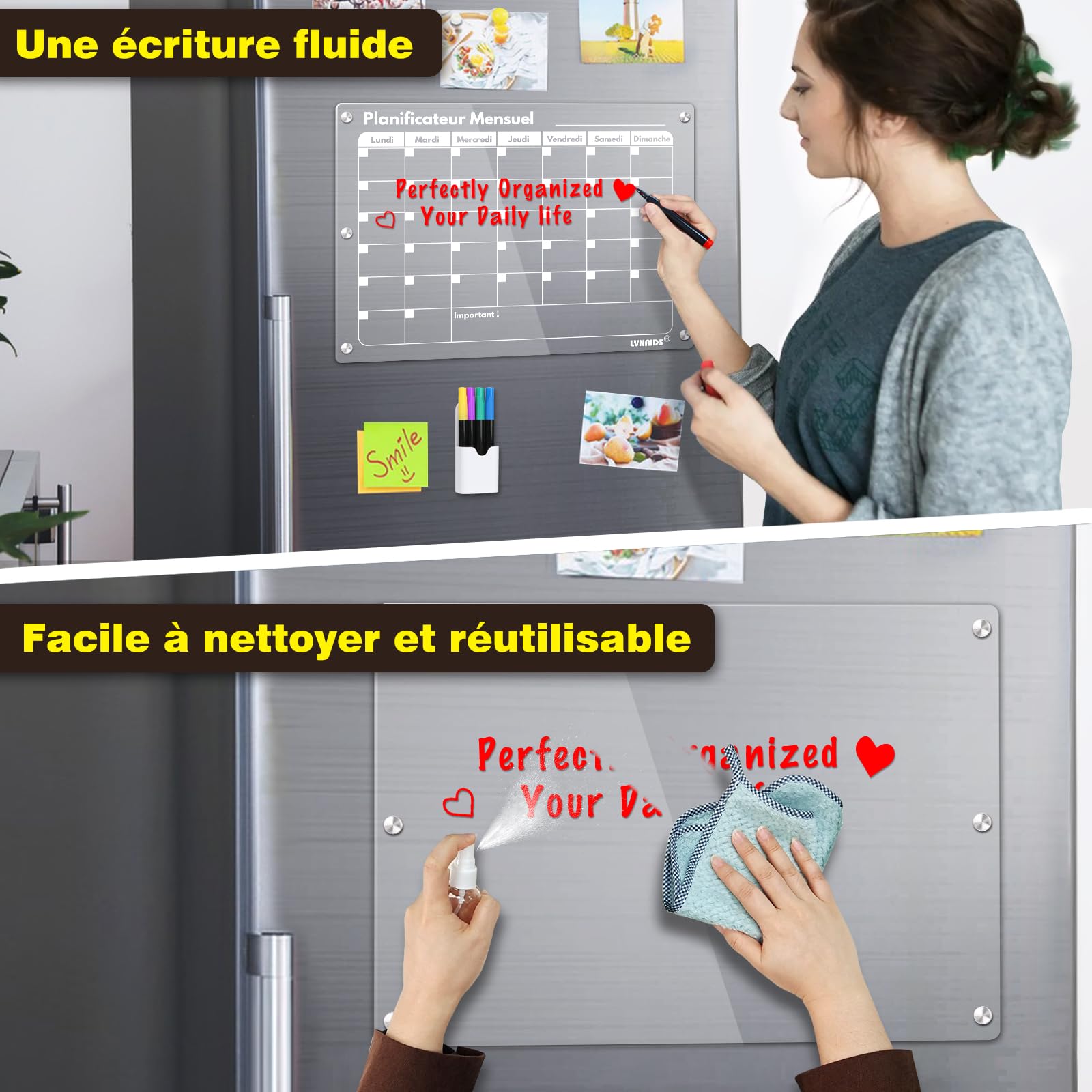 2 Pack Tableau Calendrier Magnetique Frigo en Français, 42 x 30 cm Acrylique Planning Mensuel Effaçable et Tableau Magnétique Frigo Transparent, 12 accessoires