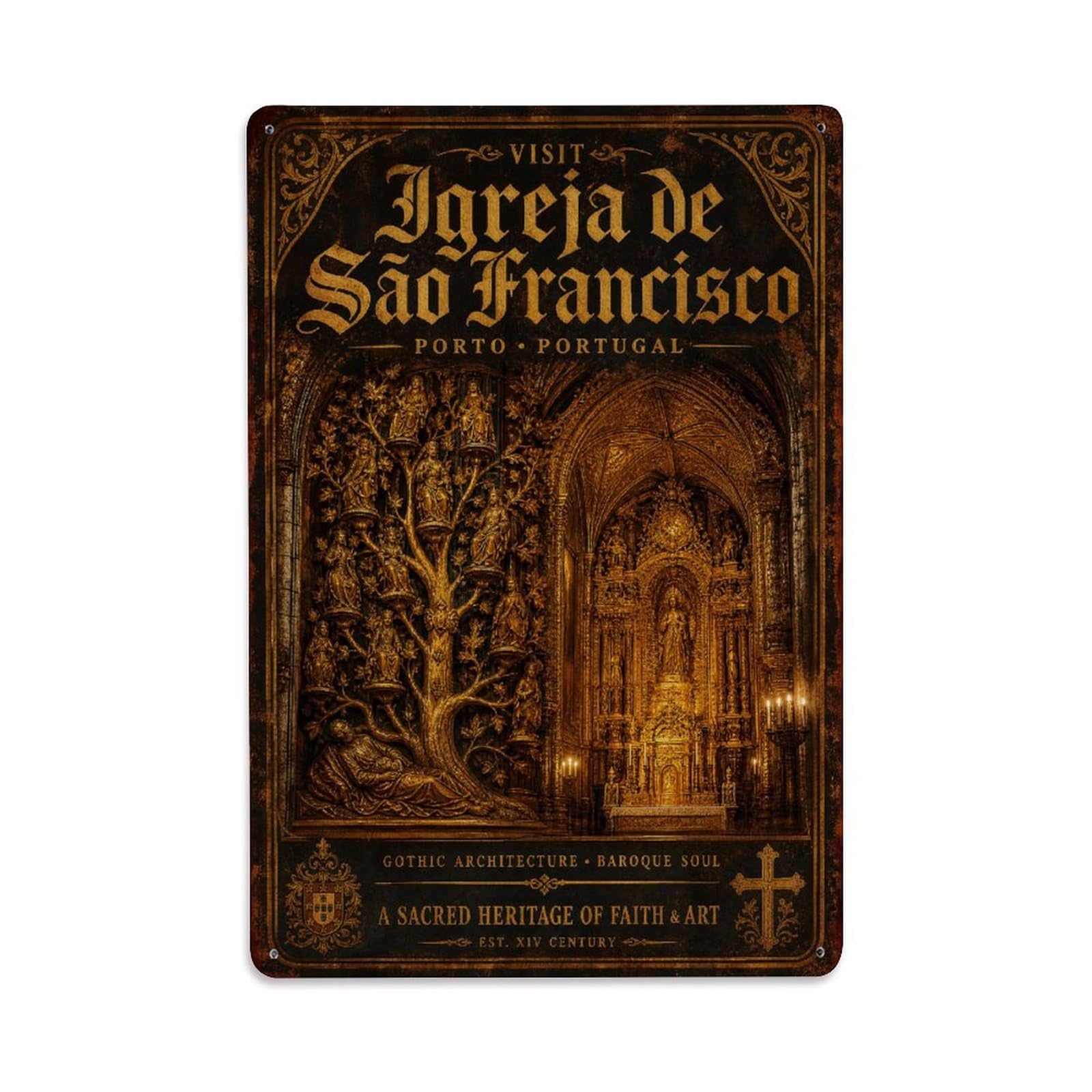 Yrnq 08X12inch Vintage Style Vintage Sao Francisco Church Gothic Interior Portugal Metal Tin Sign