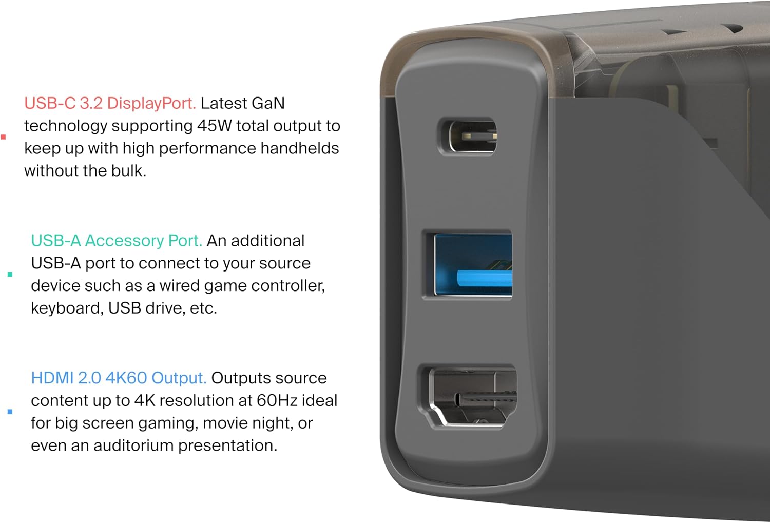 GENKI Covert Dock 2 for Handheld Gaming Consoles - 45W 4K60Hz HDMI Output Ultra Portable and Safe Dock - USB-C 3.2 PD Cable, 3 Regional Adapters incl (Gray) image 3