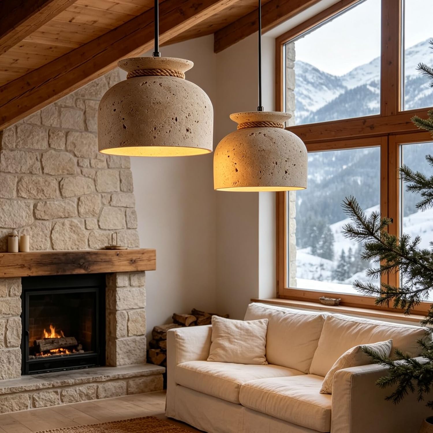 Lampada a sospensione in travertino artistico con lampada a