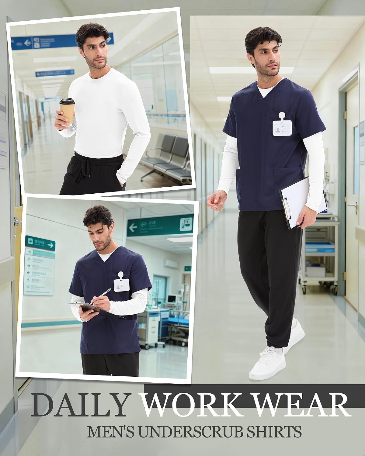August Alley 4 Pack Men's Long Sleeve Underscrub Tees | Undershirt for Medical, Crewneck Basic Tops, Comfortable Fit, Compression T Shirts, Stretchy Laying, Nurse Doctor Work Wear
