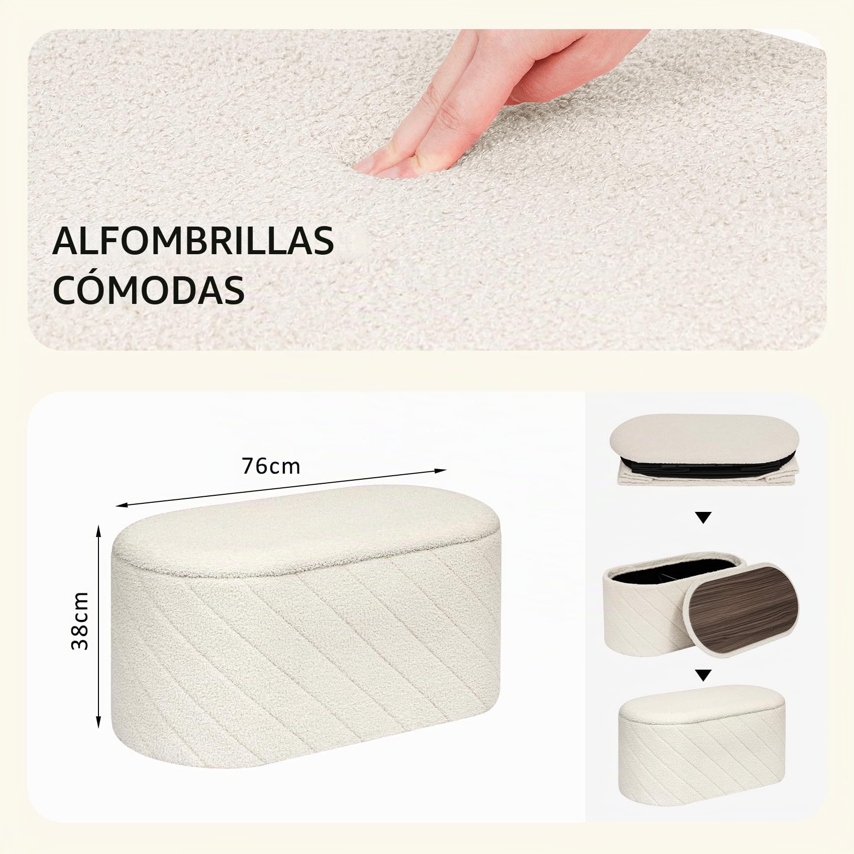 PINPLUS Banco de Almacenamiento Plegable Ovalado, Taburete Otomano Bouclé, Pie de Cama y Reposapiés para Salón, Dormitorio o Entrada, 76x38x38 cm, Blanco