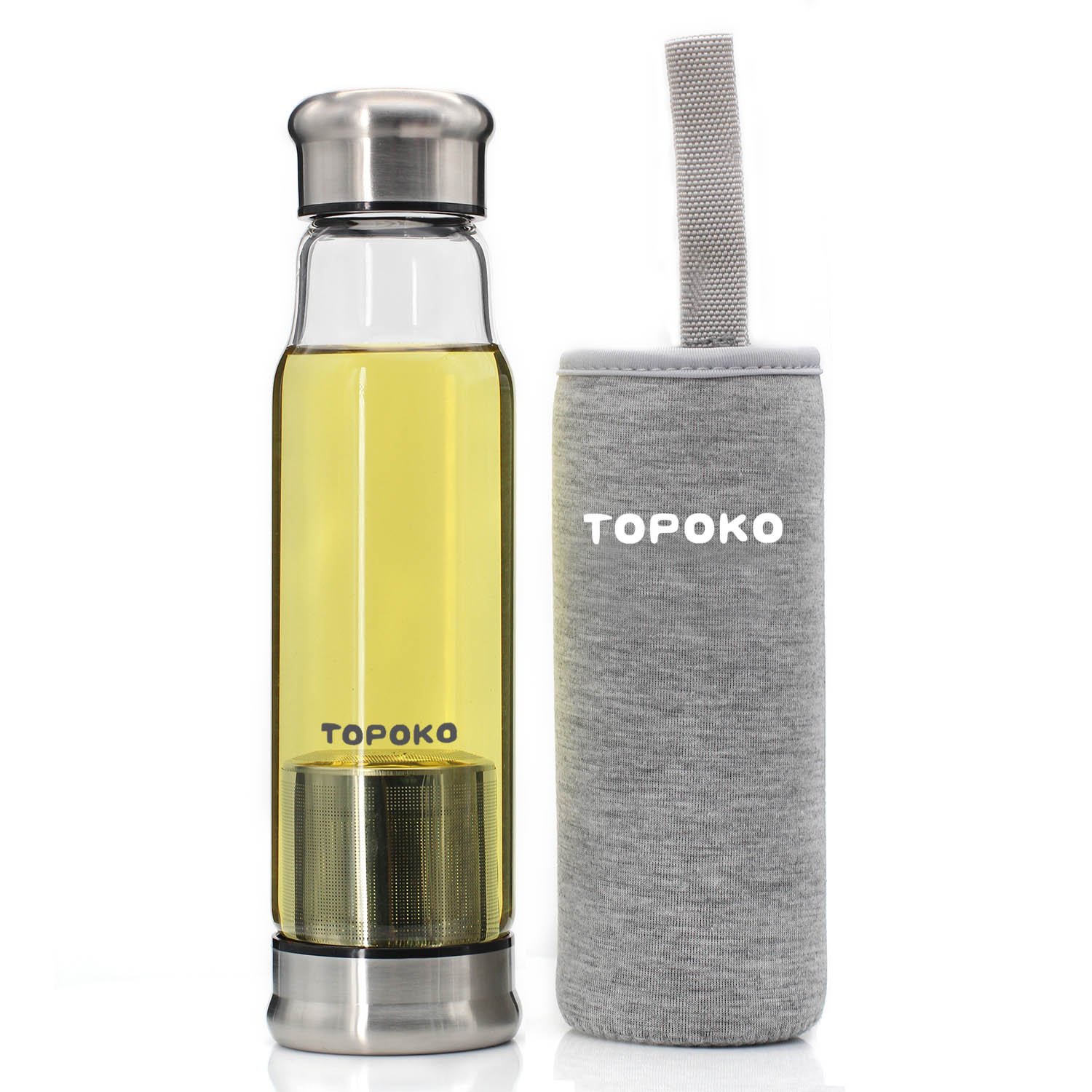 TOPOKO18.5 Ounce Top Level Quality Stylish Environmental Borosilicate Glass Water Bottle With Nylon Sleeve - Tea Infuser Bottle Eco-Friendly Ideal Gift for Parents Friends (Gray)