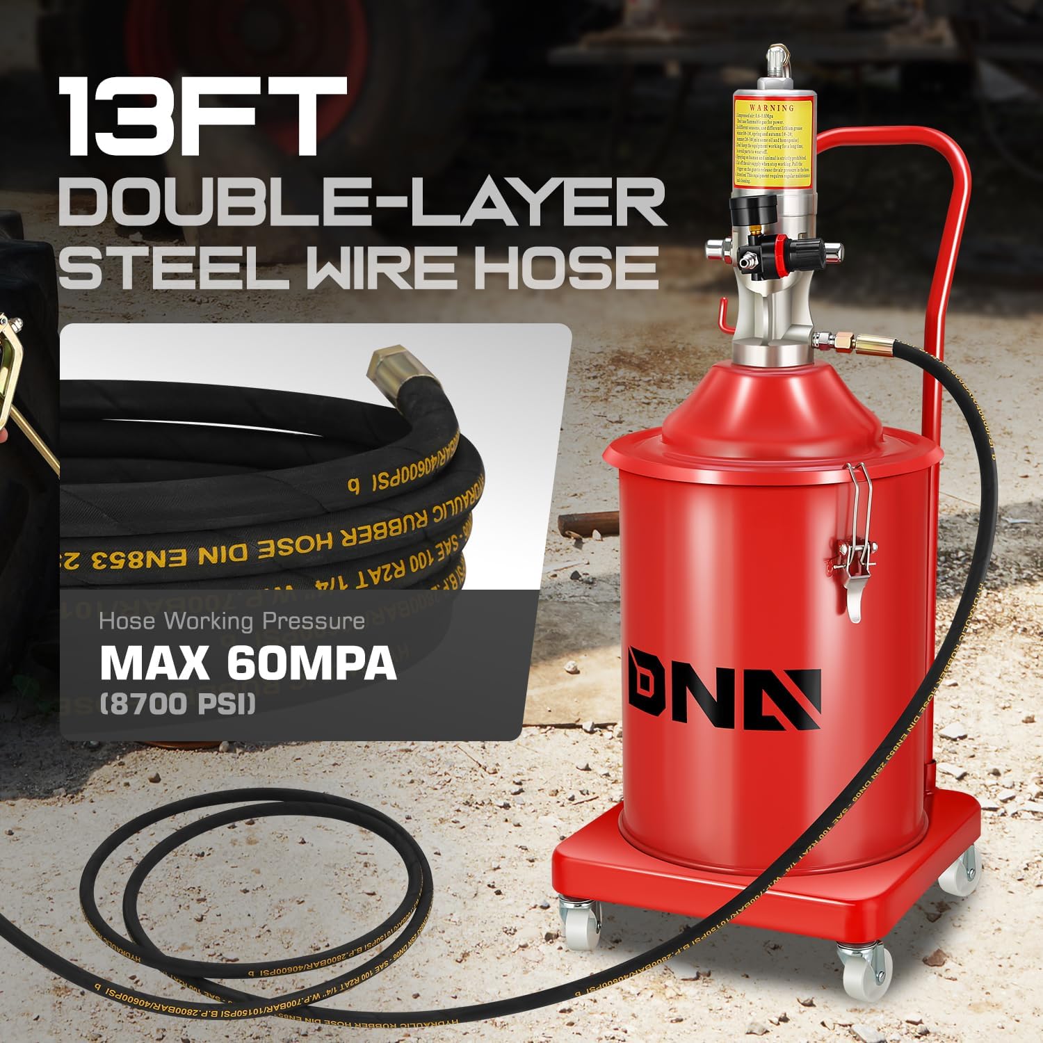 DNA Motoring 5 Gallon Air Grease Pump, 20L High-Pressure Grease Pump Set, Portable Pneumatic Grease Pump with Wheels, w/ 13ft High Pressure Hose, Grease Gun, TOOLS-00661