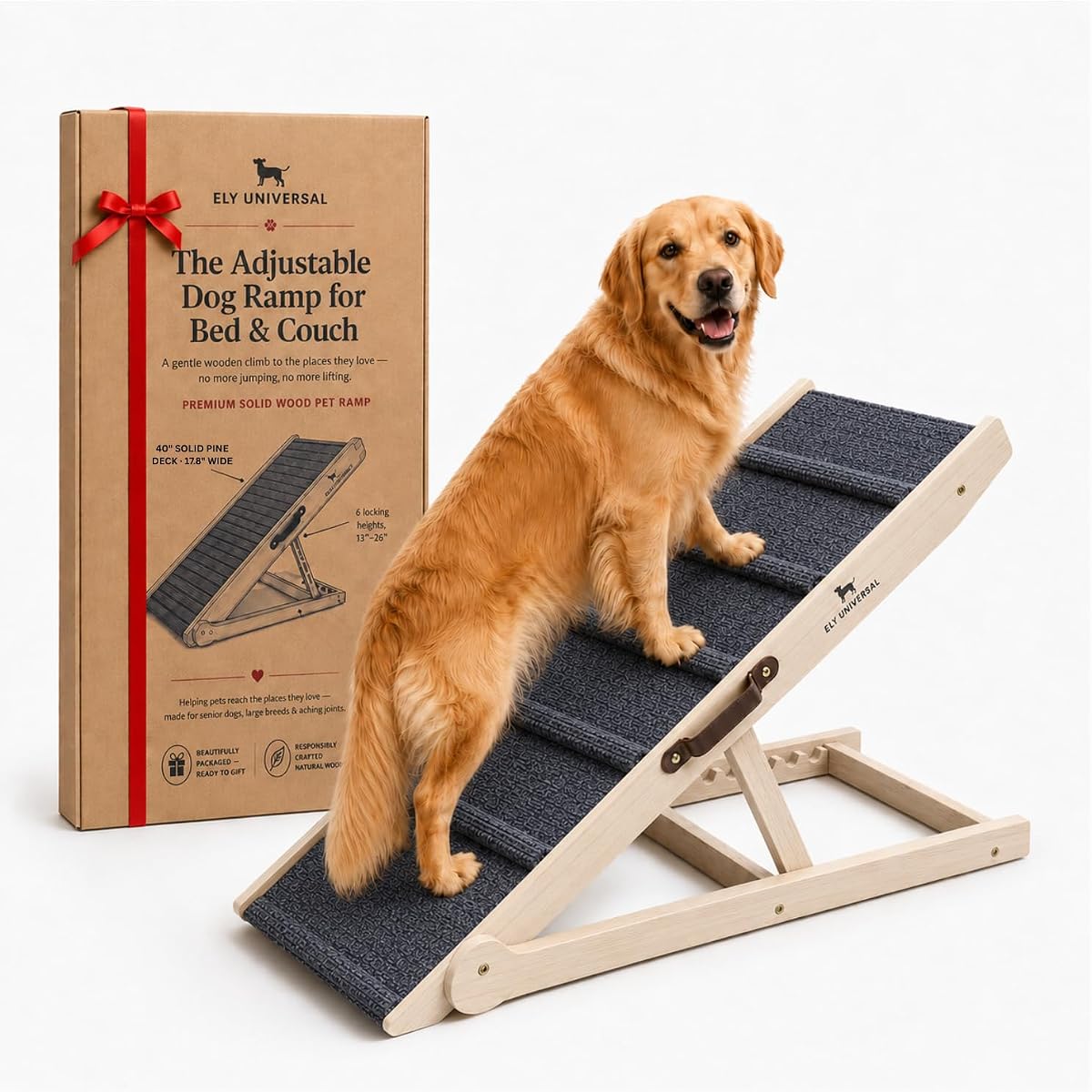 Rampa para perros para cama y sofá de 17 x 40 pulgadas, rampa para mascotas de madera maciza para perros grandes | Soporta hasta 200 libras 6 alturas ajustables 13-26 pulgadas para camas altas Rampa antideslizante plegable liviana para perros mayores y mayores
