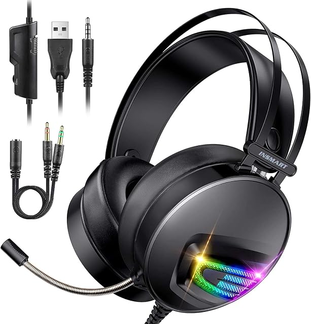 INSMART Gaming Headset, PS4 Headset Soft Memory Earmuffs Gaming Headphones with Mic RGB Light Volume Control for Laptop Mac New Xbox One PS4