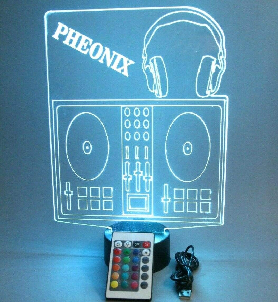 MIRROR MANIA Music Musician Instrument Sound Name Night Light Up Lamp Shape LED Personalized Custom Made Desk Table Lamp, 16 Color Changing Options, Great Gift (DJ Board Disc Jockey)