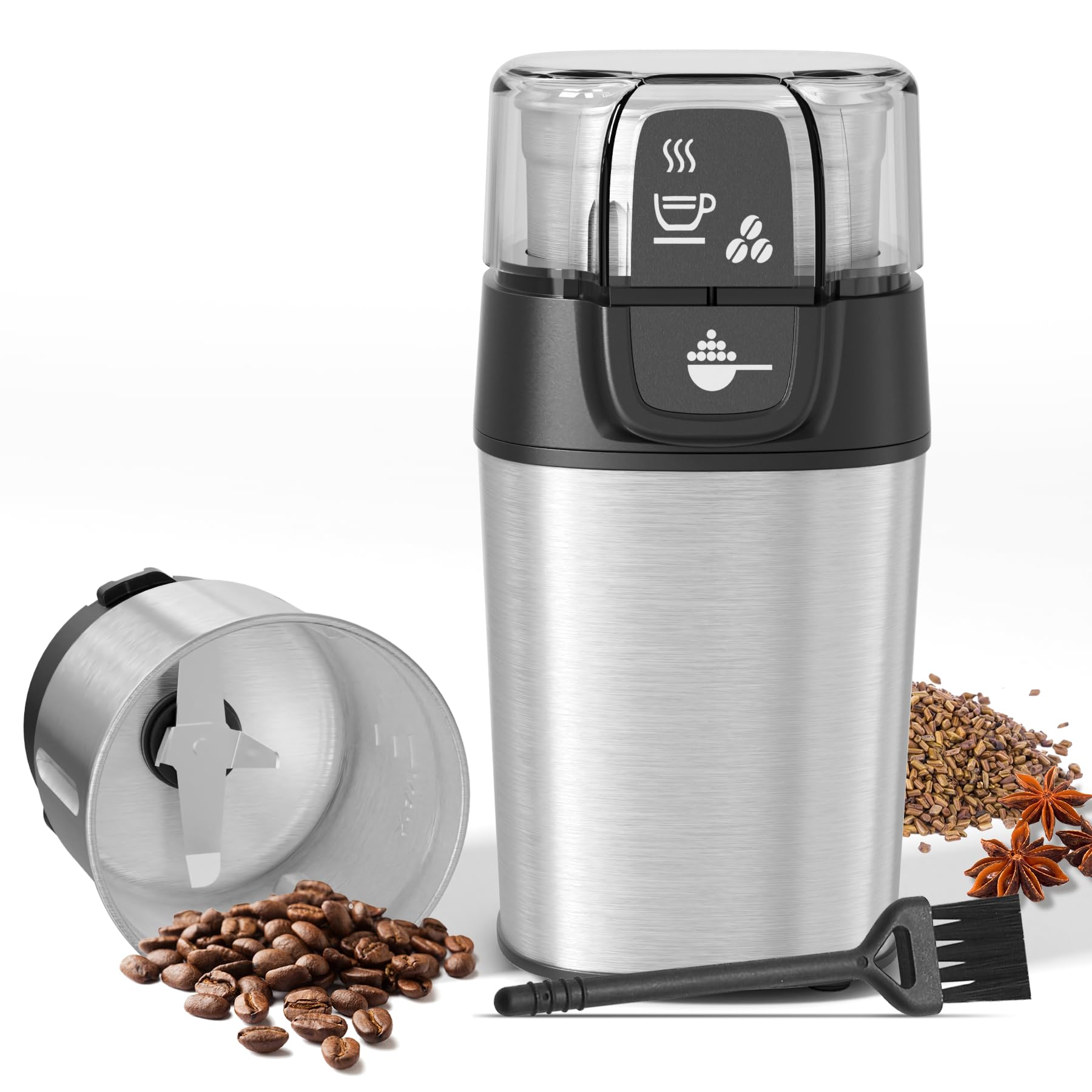 QEXREED Macina Caffe' Elettrico 200W, Macinacaffè Elettrico con Contenitori Rimovibili in acciaio inossidabile, 70g Capacità, per Chicchi di Caffè, Spezie, Cereali, Pepe, Noci