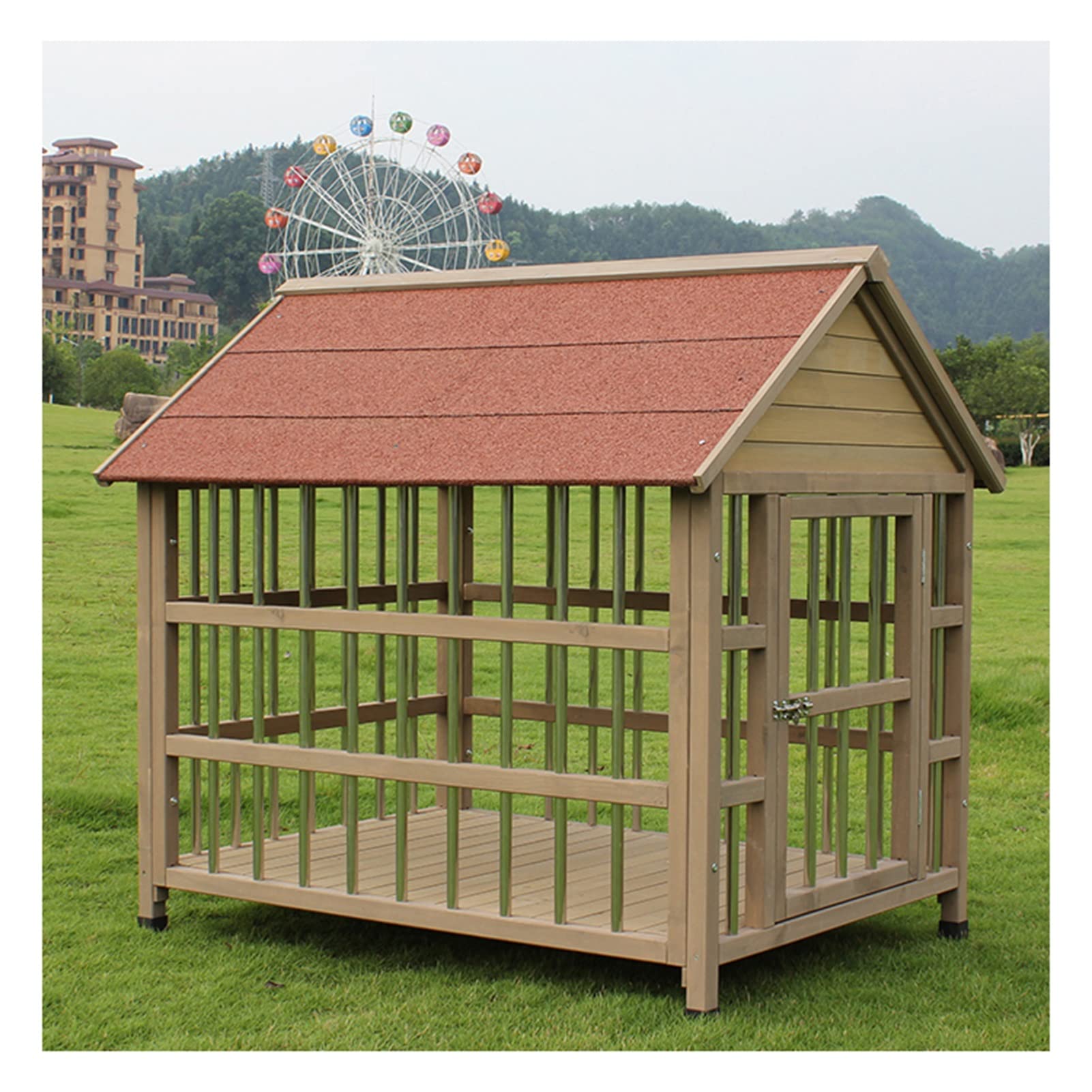 Casa de Madera para Perros al Aire Libre, caseta para Mascotas elevada Resistente a la Intemperie con Techo de Asfalto, Puerta Delantera, Ventanas Laterales, Cubierta para Perros medianos/Grandes