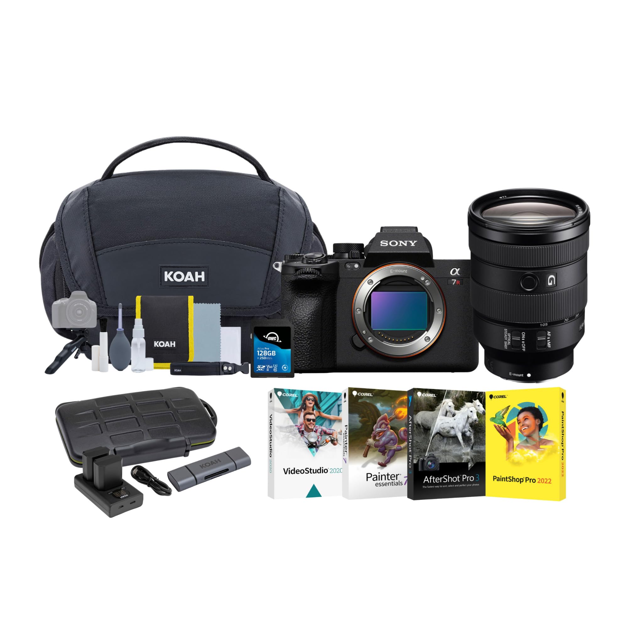Sony a7R V 61MP Full-Frame Mirrorless Camera with 24-105mm f/4 G OSS Lens Bundle with Gadget Bag, Batteries, SD Card, Software and Reader (8 Items)