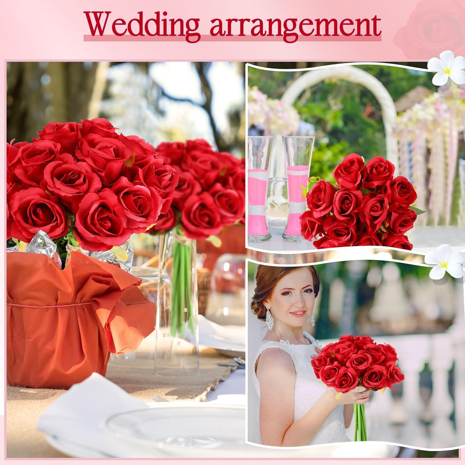 Jexine 240 Pcs Artificial Rose Flowers Bouquet Silk Realistic Flowers Bulk Centerpieces DIY Bride Fake Rose for Home Bridal Wedding Party Decorations(Red) - Image 5