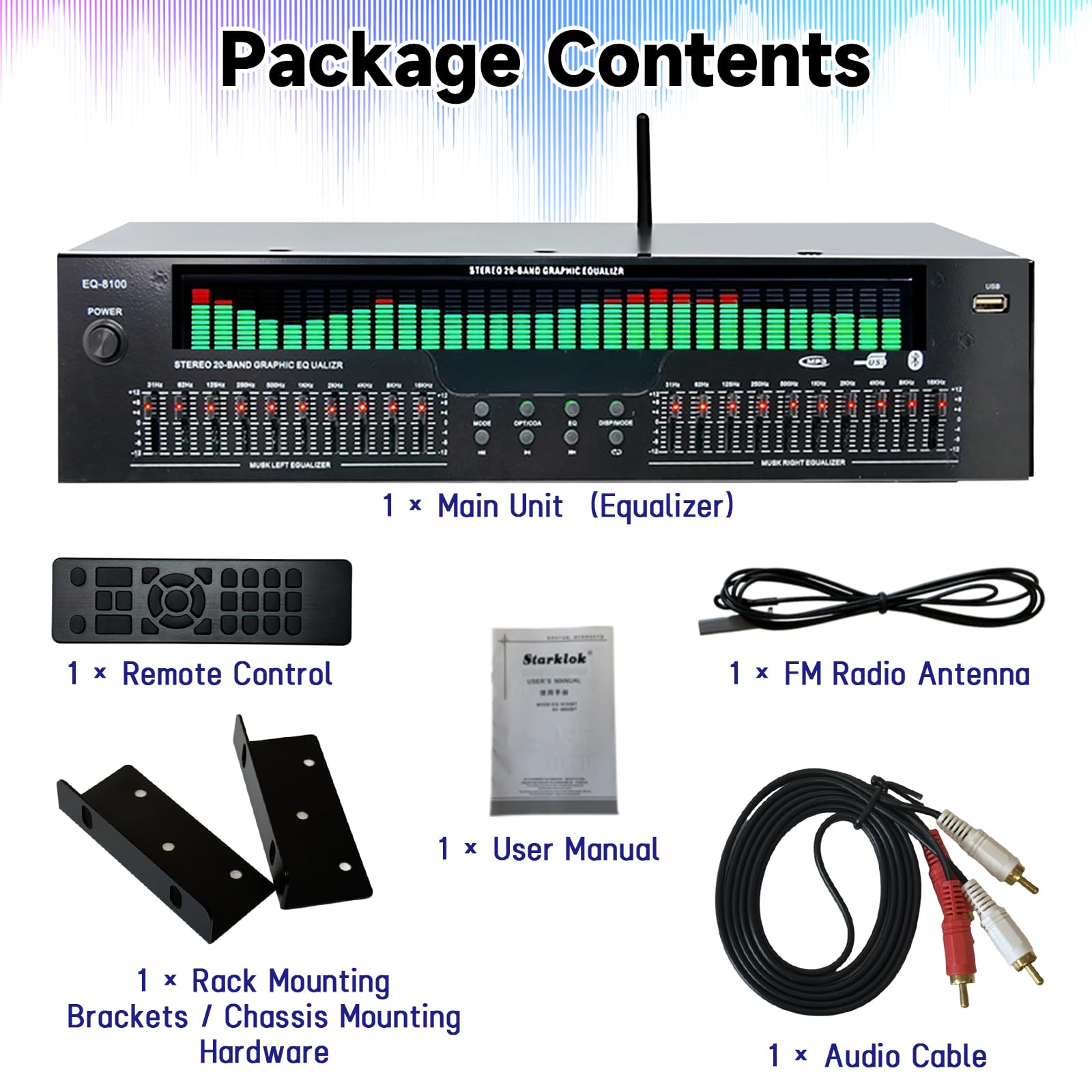 Ecualizador Digital 31 Bandas, Visualizador de Audio con Pantalla LED de Espectro, Ecualizador Gráfico Profesional con 31 Canales Dinámicos, Doble Control Sonido Independiente de 10 Bandas, Procesador