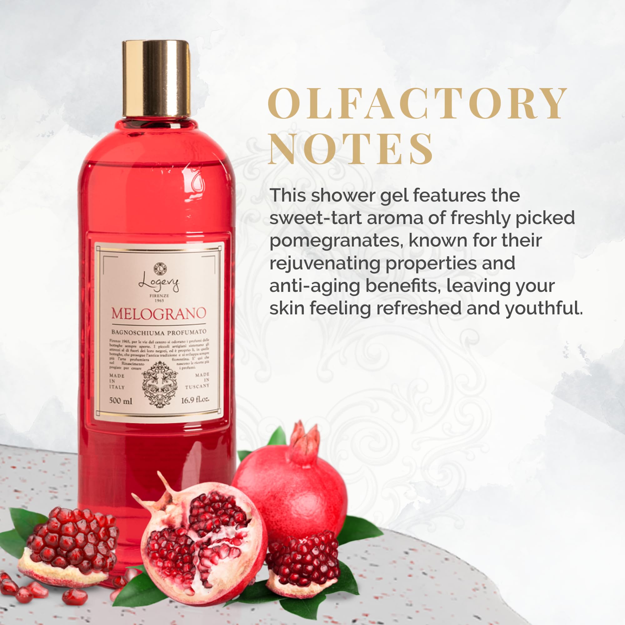 Logevy Melograno Shower Gel, Indulgent Pomegranate Aroma Made from the Best Skin-Friendly Ingredients - Image 3