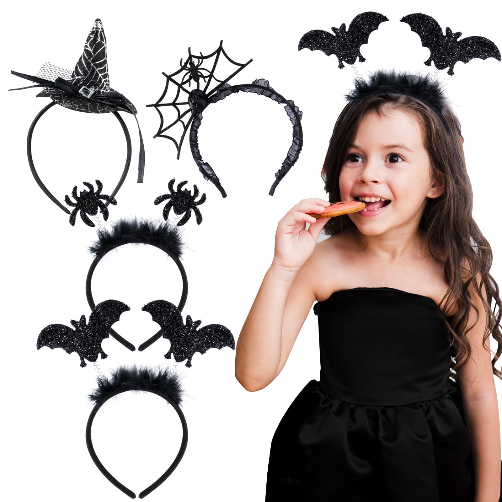BOFUNX 4 Pack Halloween Headbands - Bat, Spider Web, Witch Hat for Kids & Adults - Hair Accessories for Halloween Party & Cosplay