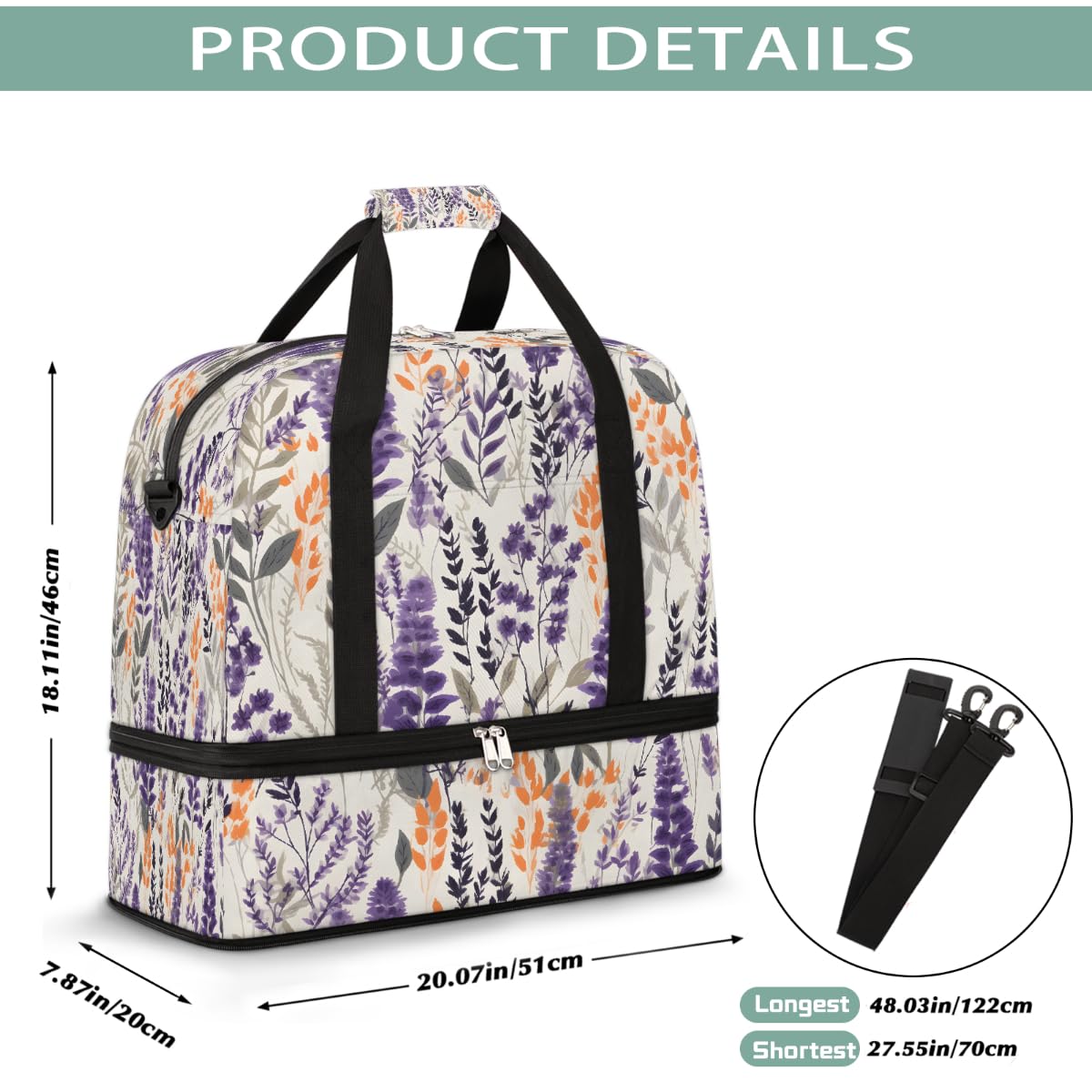 Borsone da viaggio pieghevole con motivo floreale di lavanda acquerello, borsa da palestra espandibile con scomparto per scarpe, borsa da weekend di grande capacità, borsa da portare con sé, per