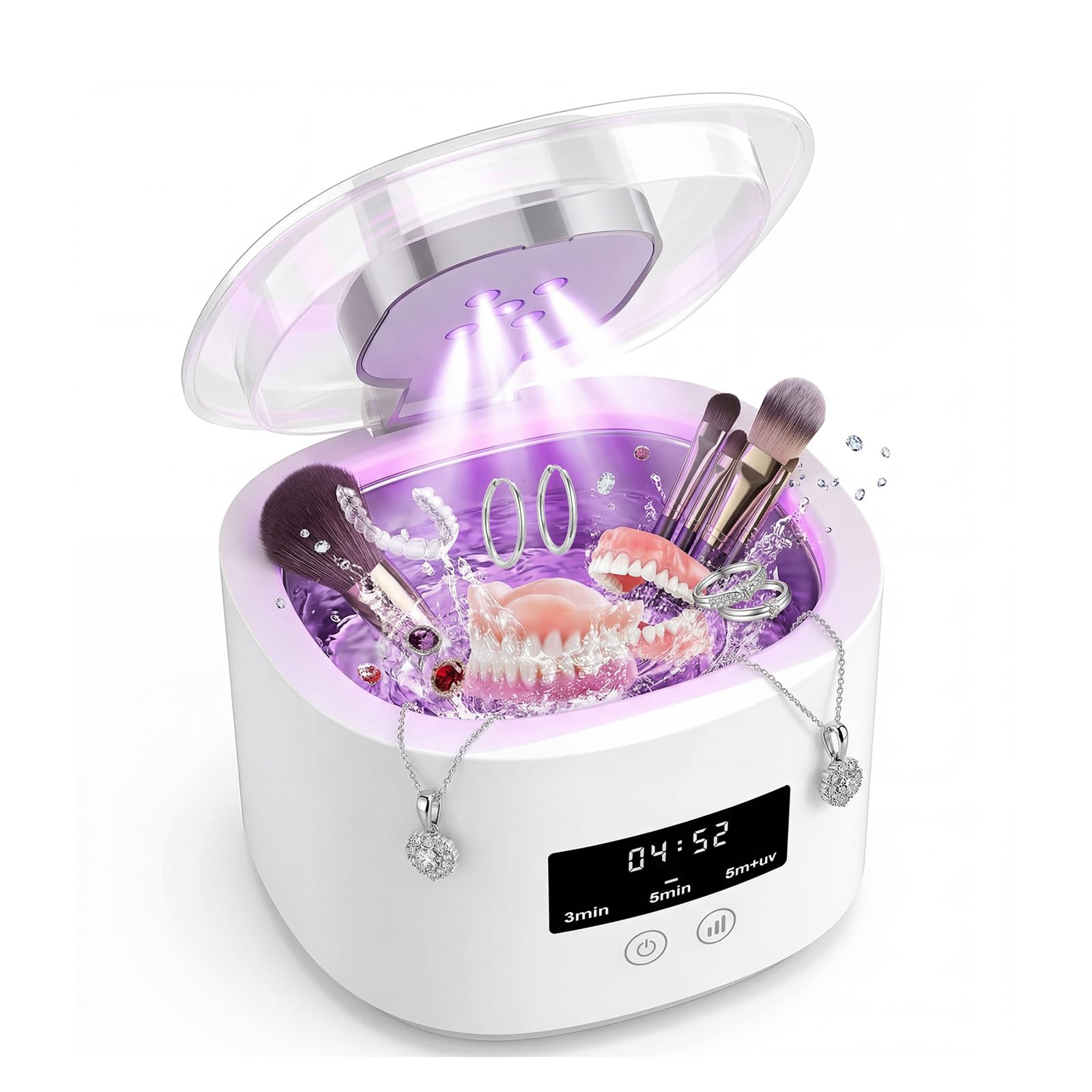 Pulitore Ultrasuoni 50000Hz, Pulitori Ultrasuoni, Ricaricabile Lampada UV Ultrasonic Cleaner, 380ml, 3 Modalità per Apparecchi Ortodontici, per Protesi, Allineatori, Testine Di Spazzolini, Gioielli