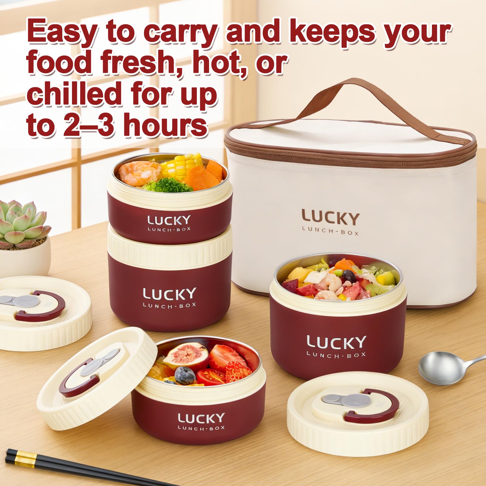 Contenitori per il pranzo isolati portatili, in acciaio inox, bento box, per adulti, con borsa termica per il pranzo, 4 contenitori separati impilabili per adulti, rosso