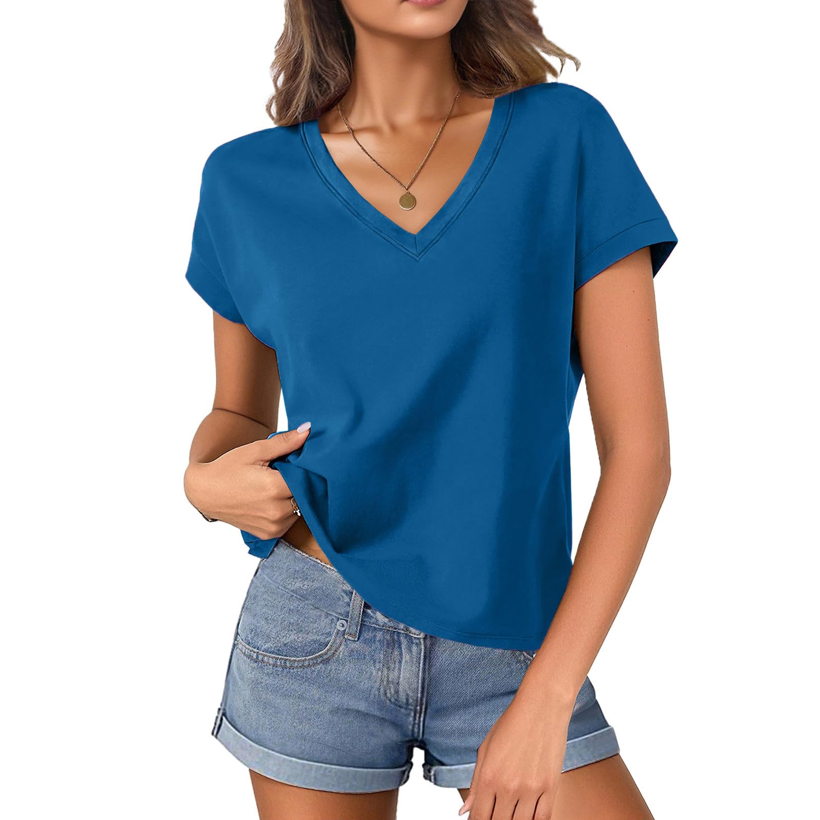 ATOFY Womens Cotton V Neck Boxy Crop T Shirts Cap Sleeve - softball | Mubboo