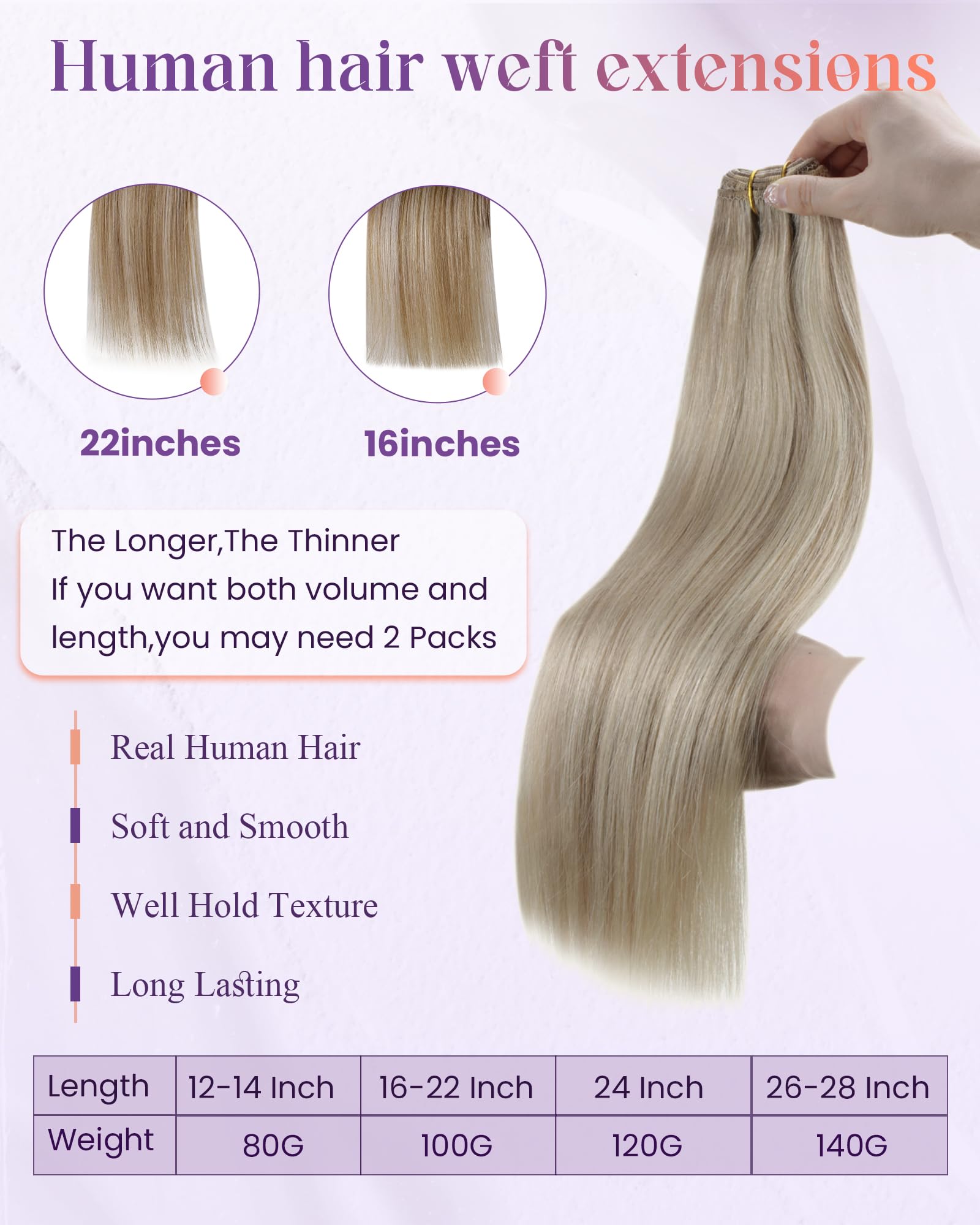LaaVoo Weft Hair Extensions Real Human Hair 80g Blonde Sew in Hair Extensions Full Head Straight Highlight Golden Blonde Remy Invisible Double Weft Weave 14 Inch #16/22 - Image 4