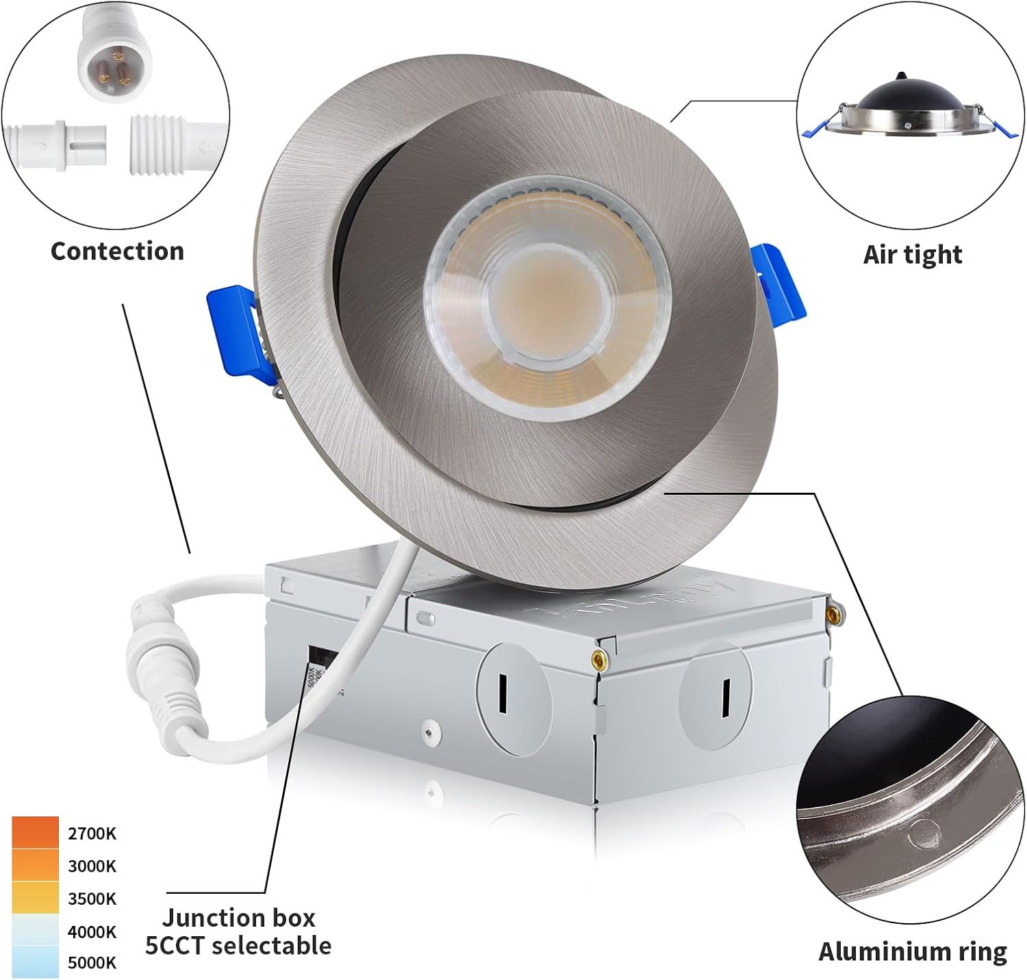 KnLnny Ware Brushed Nickel Gimbal Recessed Lighting 4 Inch 6 Pack, Ajustable Eyeball recessed Light with Junction Box,5 Color Selectable,Airtight,9W 750LM,Dimmable,Brushed Nickel
