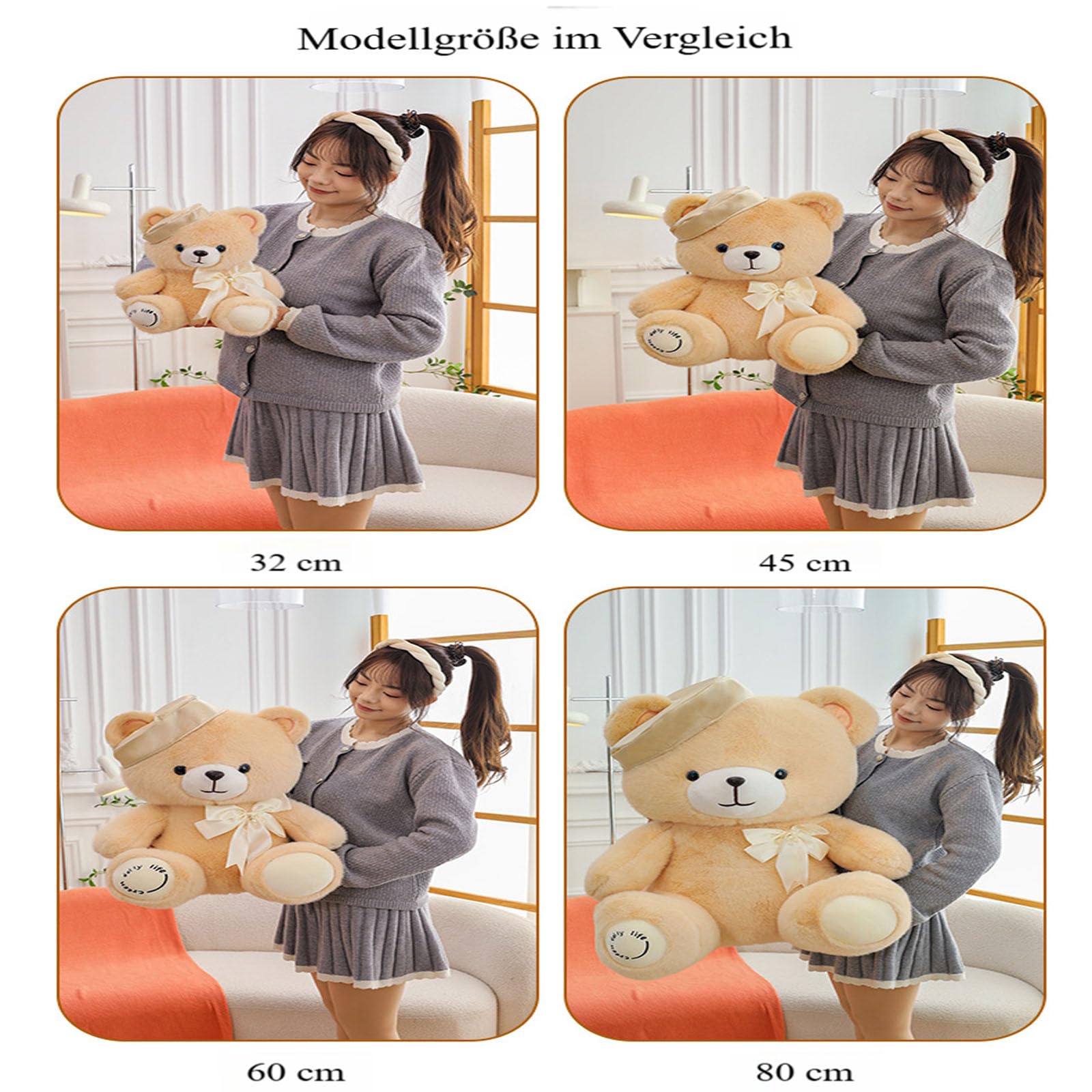 Teddybär Plüsch, Riesen Teddybär XXL mit Schleife und Baskenmütze, Weiches Nette Bär Puppe Tier Kuscheltier, Süße Stofftier Spielzeug, Geschenk für Kinder Jungen Mädchen Geburtstag (60cm,Champagner)