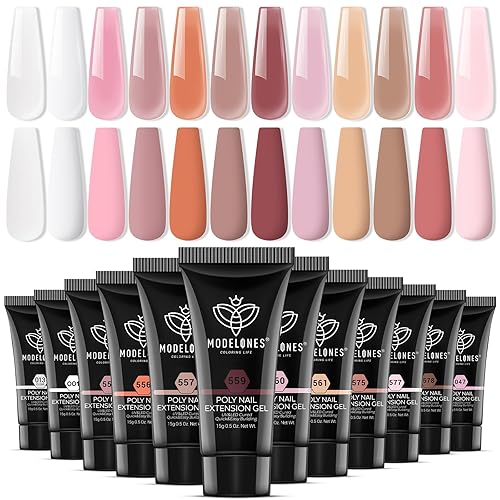 Miniatura 19 de modelones Kit de gel de extensión de poliéster para uñas, 12 colores rosa con purpurina nude, juego de gel de uñas de poli para manicura francesa