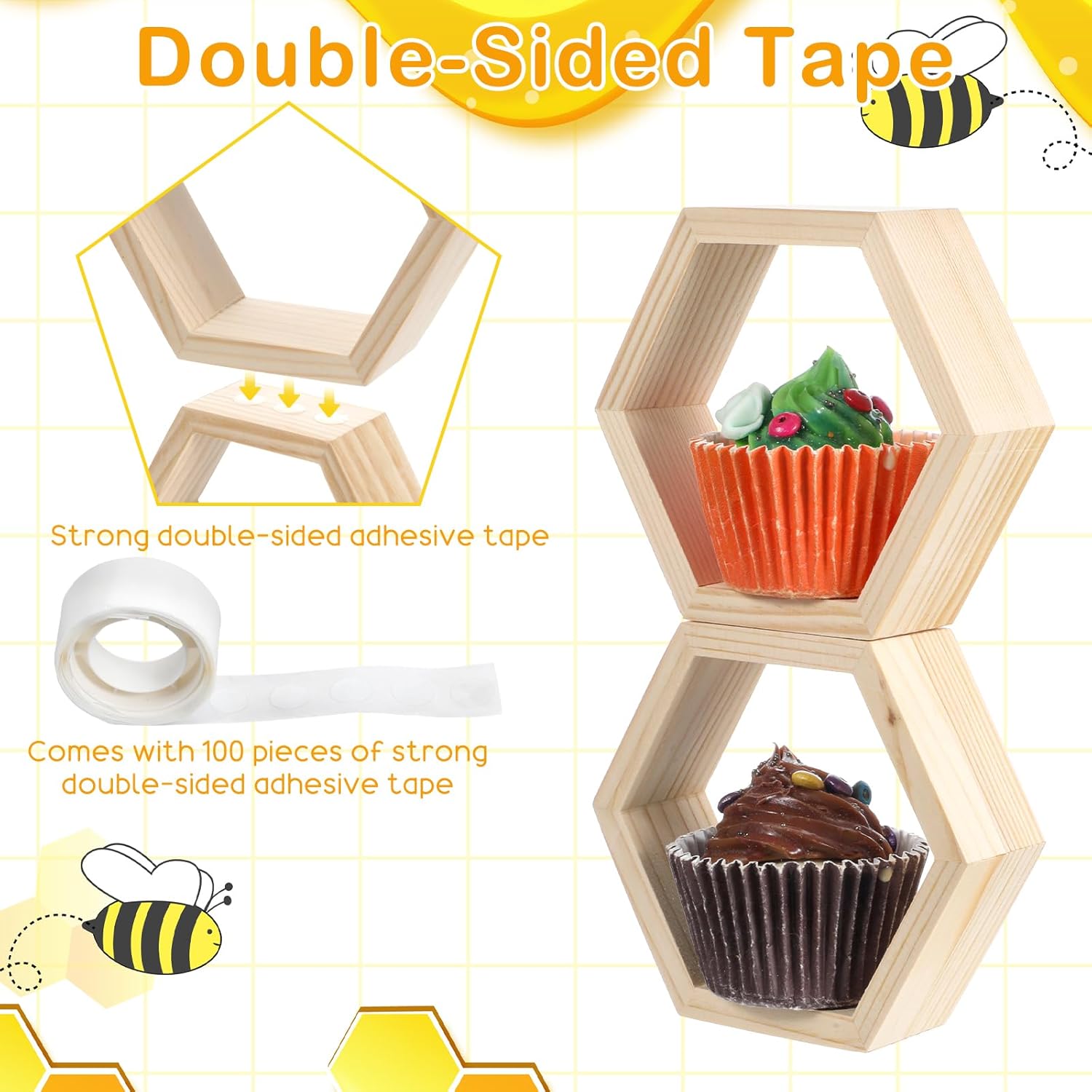 Yolev 12 Pcs Hexagon Honeycomb Cupcake Stand with 50 Tiny Wooden Bee Wooden Farmhouse Hexagon Cake Display Holder Floating Cake Stand Honeycomb Shelves for Bee Baby Shower Decorations