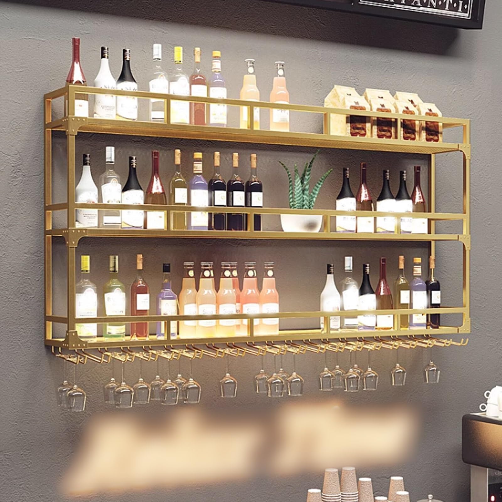 Ayharylh Gold Modern Wine Storage Rack Wall Mounted With Led Light With Wine Glass Holder,Bar Unit Floating Shelves,With Wine Glass Holder Kitchen Storage Bar Shelves For Kitchen Dining Room Bar Decoration ( Color