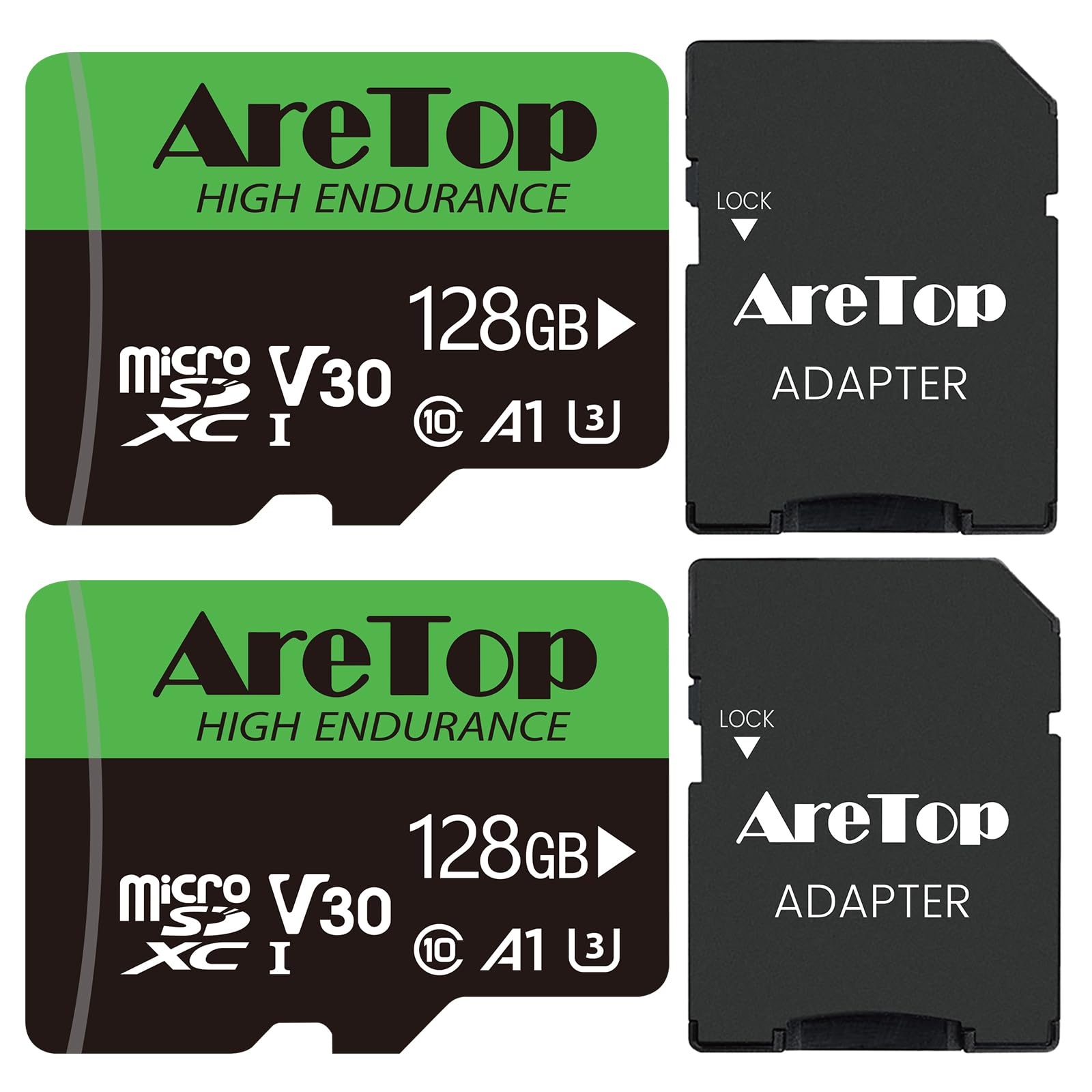 Aretop 128GB Micro SD Card 2 Pack, MicroSDXC with SD Adapter,A1,C10,U3,V30,UHS-I,Read Speed Up to 90MB/s,Micro Memory Card 4K Full HD Video Recording for Tablette/Drone/Dash Cam/Camera/Phone/Switch