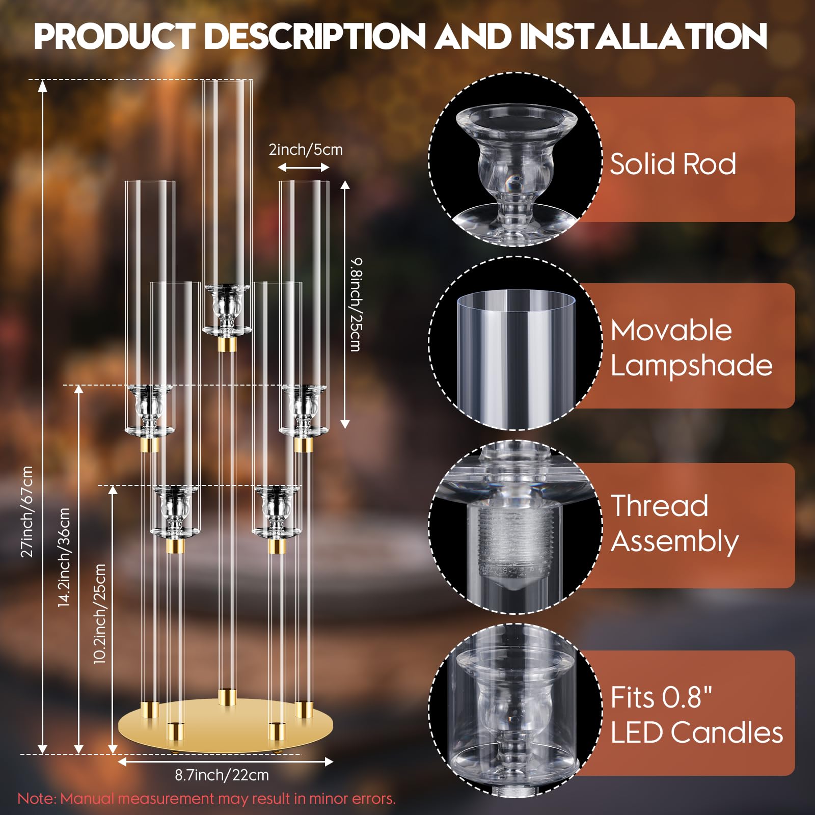 2 Set 5-Arm Acrylic Candle Holder - 38.5" Tall Candelabra Centerpiece For Tables, Fireplace, Halloween & Christmas Decor