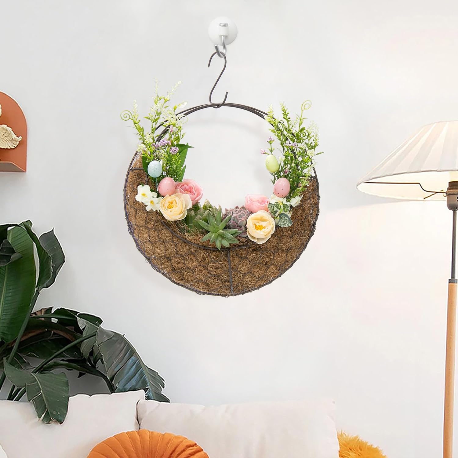 2pcs Moon Shaped Metal Hanging Baskets Planter for Plant, Wire Wreath Frame Air Plant Hanger, Succulent Flower Plant Holder Pot Decor Basket with Hook, Hanging Flower Stand Wall Plant Holder (Moon)