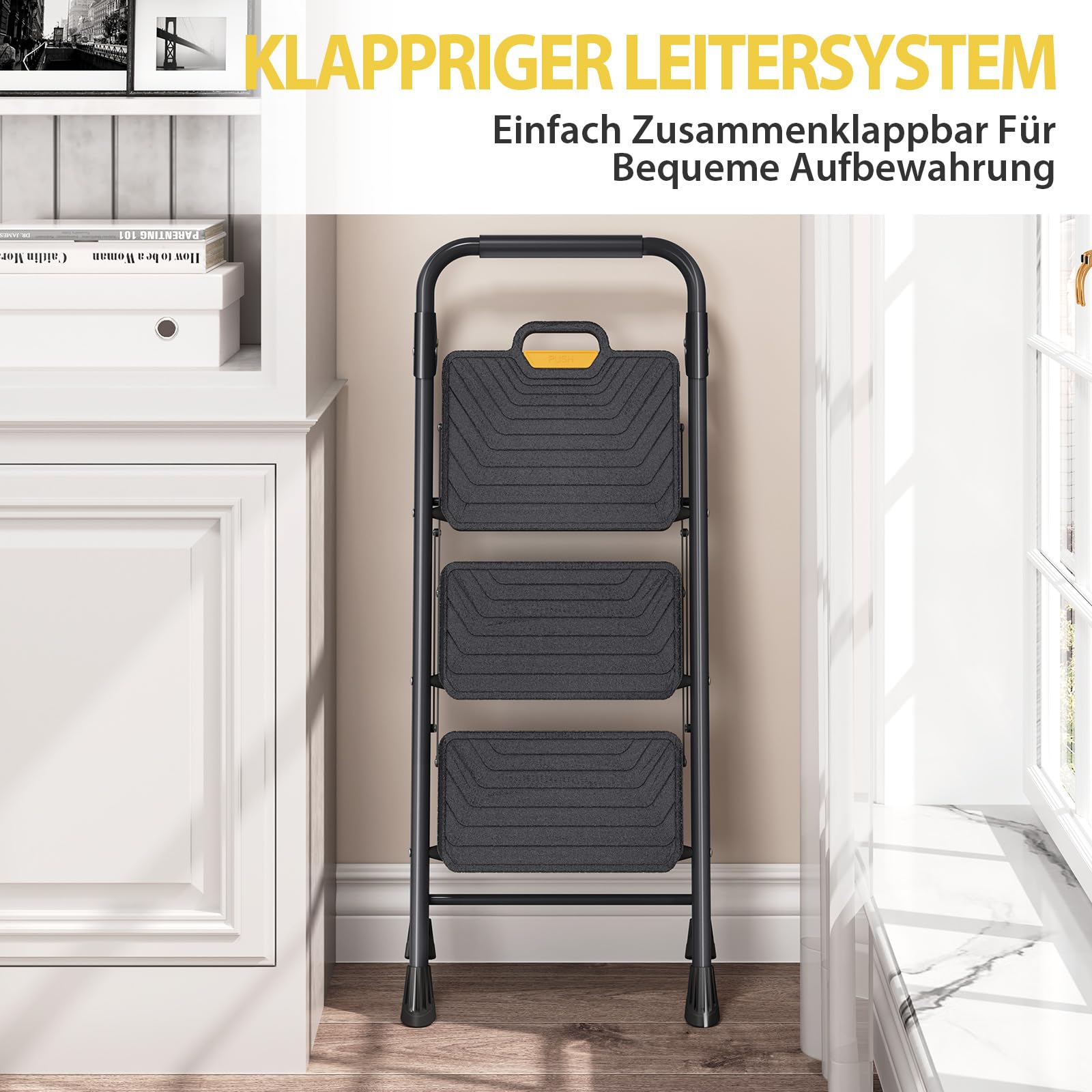KINGRACK Trittleiter 3 Stufen Klappbar, bis 360 kg belastbar, Klapptritt mit Breiten Anti-Rutsch-Stufen, Stabiler Tritthocker mit Handlauf für Küche & Haushalt, Schwarz