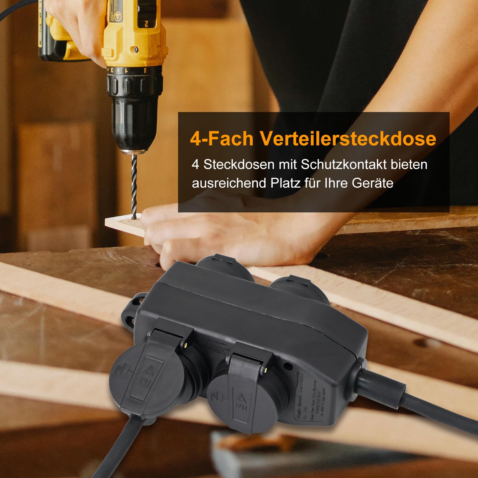 4-Fach Verteilersteckdose für Außenbereich, Outdoor Stromverteiler - 4 Schutzkontakt-Steckdosen mit Klappdeckel, Steckdosenverteiler IP44, Außensteckdose -10m Gummi Verlängerungskabel - Öse zum Hängen