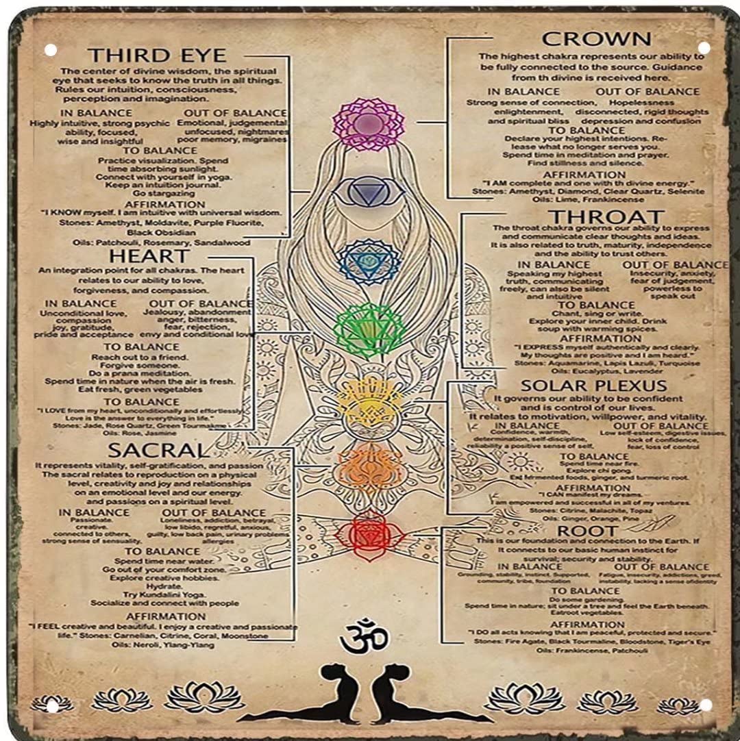 Metal Poster 7 Chakras Guide - Yoga Knowledge Wall Art - Satin Plaque for Music Bar Club Men's Cave Decor - 12x12 Inch