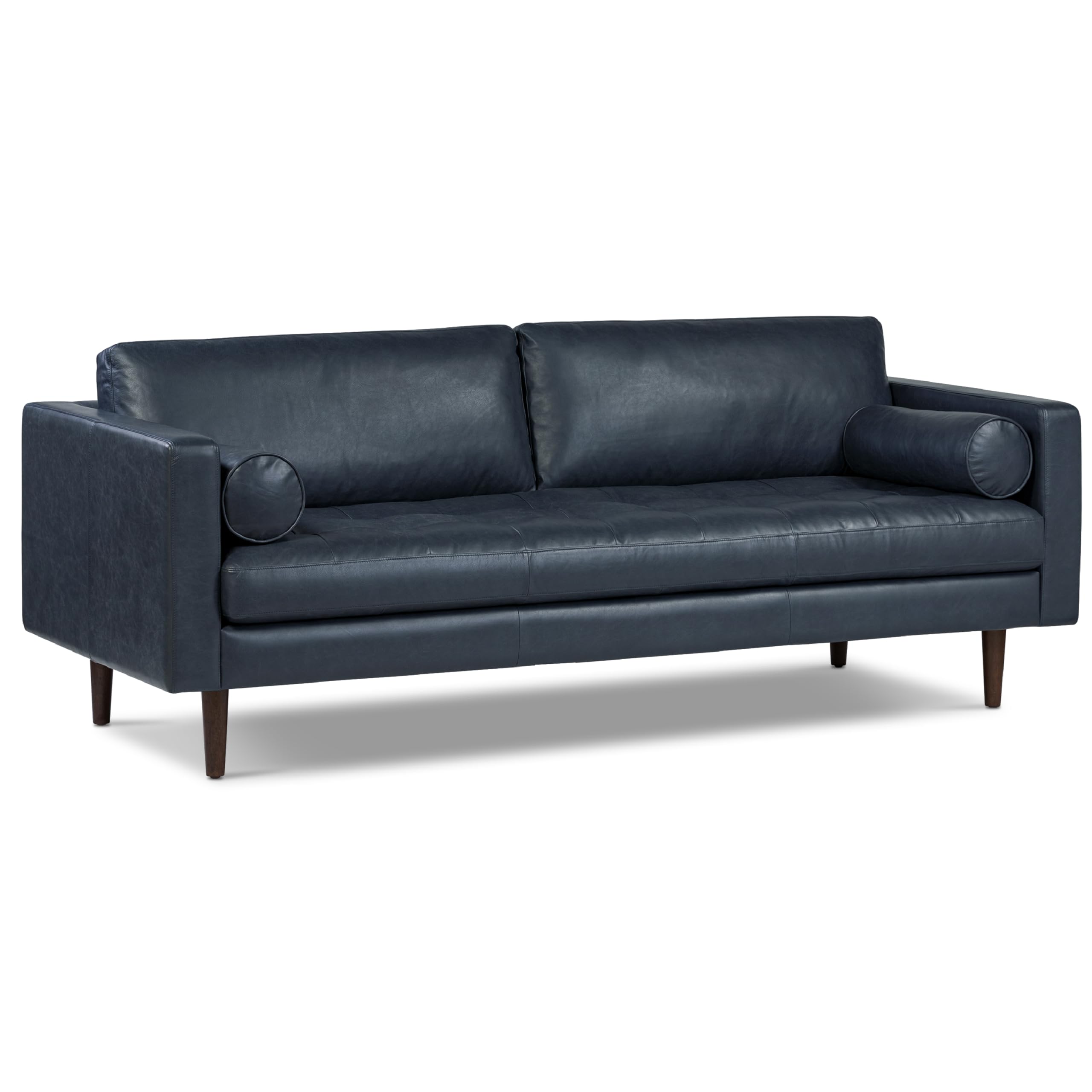POLY & BARK Napa Leather Couch - 88.5-Inch Office Sofa with 2 Bolsters - Full-Grain Leather Sofa for Living Room with Feather-Down Topper - Living Room Couch - Vintage Italian Leather in Midnight Blue